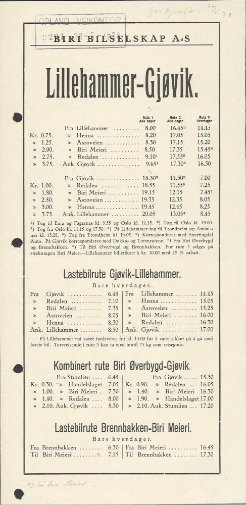 Bilde av rutetabell mellom Lillehammer og Gjøvik i 1928