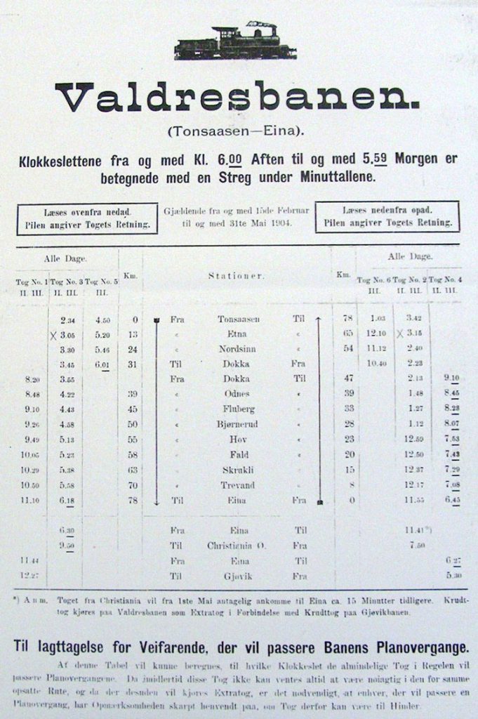 Bilde togtabell strekingen Tonsåsen - Eina 1904