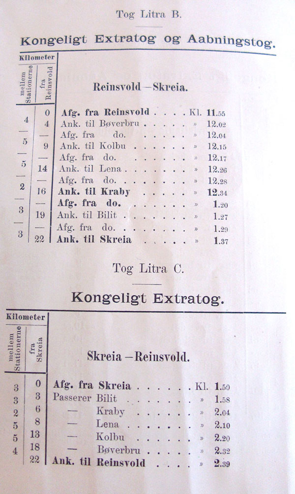 Bilde av timetabellen for det kongelige ekstratoget ved åpningen av Skreiabanen i 1902