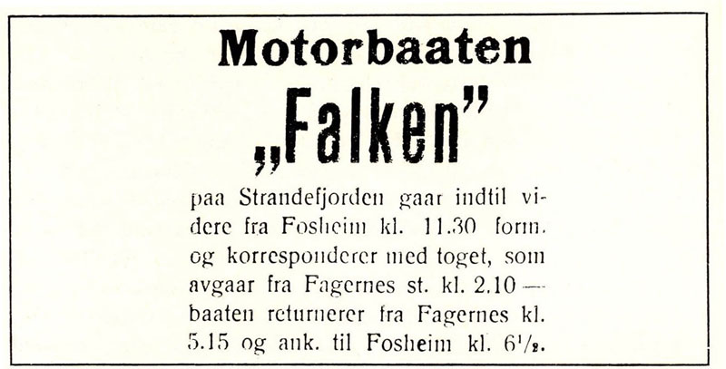 Bilde av Annonse for M/B FALKEN i "Valdres" juli 1911