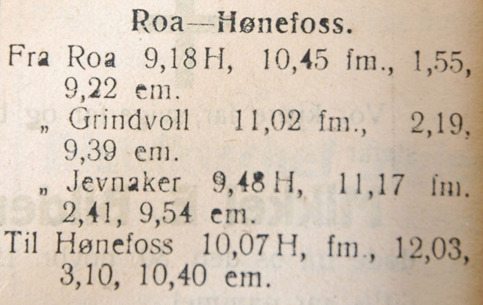 Bilde togtabell Roa - Hønefoss 1918
