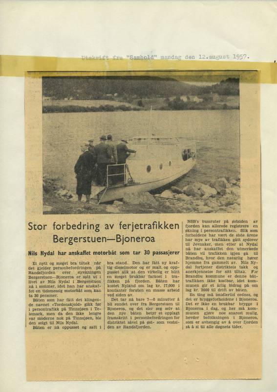 Bilde av Artikkel i avisen "Samhold" 12. 08. 1957 angående forbedring av fergetrafikken mellom Bergestuen og Bjoneroa