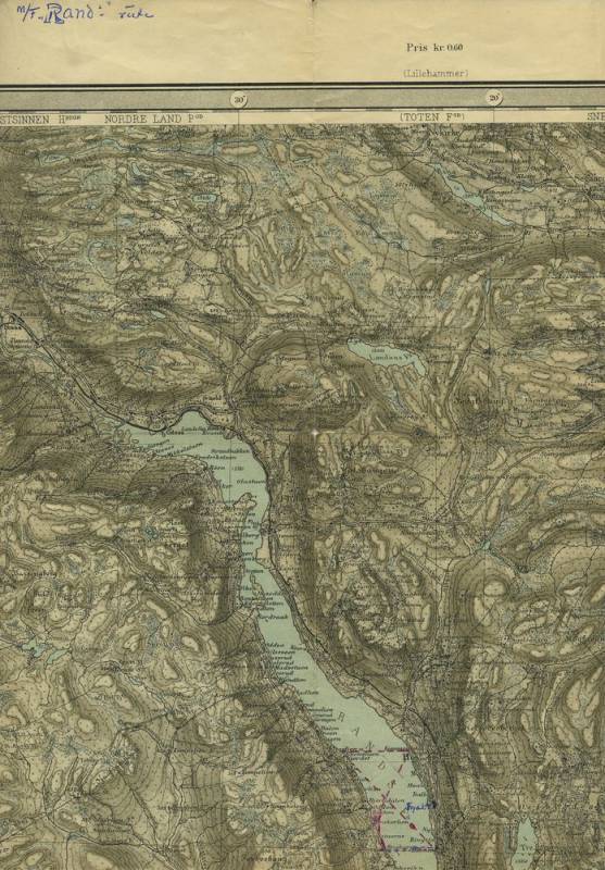 Bilde av Kart over M/F "Rand"s rute, datering ukjent Søknad om konsesjon for motorbåtrute på Randsfjorden, strekningen Bergestuen - Bjoneroa, 1957 