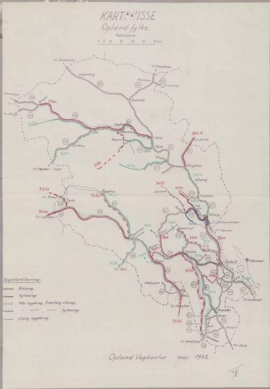 Bilde Kart over veier i Oppland, 1942 (Fylkesarkivet i Oppland, Ark/9)