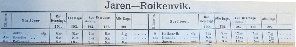 Bilde av togtabell Jaren - Røykenvik i 1907