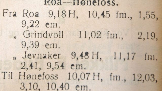 Togtabell for strekningen Roa - Hønefoss 1918 (Hadeland 7.12.1918) Bilde togtabell Roa - Hønefoss 1918