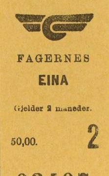 Togbillett fra strekningen Fagernes - Eina (Valdresmusea) Bilde togbillett Fagernes - Eina
