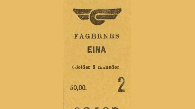 Togbillett fra strekningen Fagernes - Eina (Valdresmusea) Bilde togbillett Fagernes - Eina