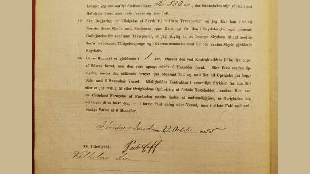 Skysskontrakt fra Hov i Land fra 1885(Kilde: Statsarkivet Hamar, FYO-002, serie I) Bilde av Skysskontrakt fra Hov i Land fra 1885