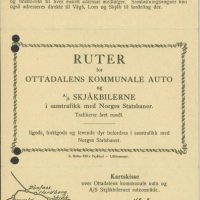 Rutetabell for Ottadalens kommunale auto og A/S Skjåkbilene, 1930 (Fylkesarkivet i Oppland, Ark/9)
Bilde nr: 21 av 24 Bilde av rutetabell for Ottadalens kommunale auto og A/S Skjåkbilene, 1930