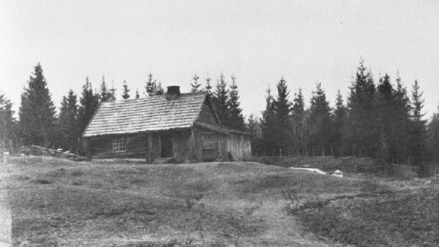 Dulsrudjordet, Østre Toten - Husmannsplass under Dulsrud. Bildet er muligens fra før 1920. – Fotograf: Ukjent. Foto: Mjøsmuseet, R 86/048/03. Hus med skog i bakgrunnen