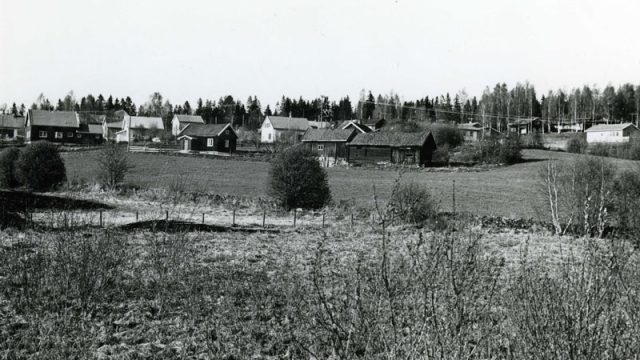 Nedre Kålabakken under gården Dvergsten i Gran – Fotograf: Per Hvamstad, Foto: Randsfjordmuseene AS Eng med landsby i distansen