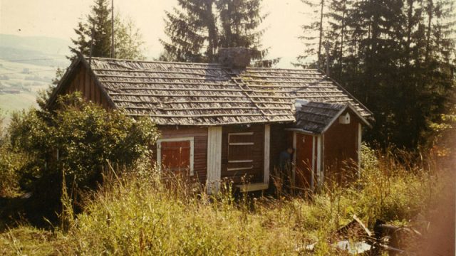 Dølestua under Bjørge i Gran, 1979 – Fotograf: Trygve Fett, Foto: Randsfjordmuseene AS Lite hus mellom kratt og skog