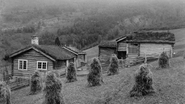 Plassen Sagdalen i Sel fotografert høsten 1909. – (Foto: Hans H. Lie, Maihaugen - SS-HHL-12629) Hesjer står klart foran sæter bygg